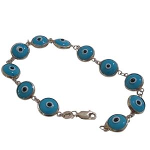 Sterling Silver 925 Nazar Evil Eye Protection Station Bracelet, 8"